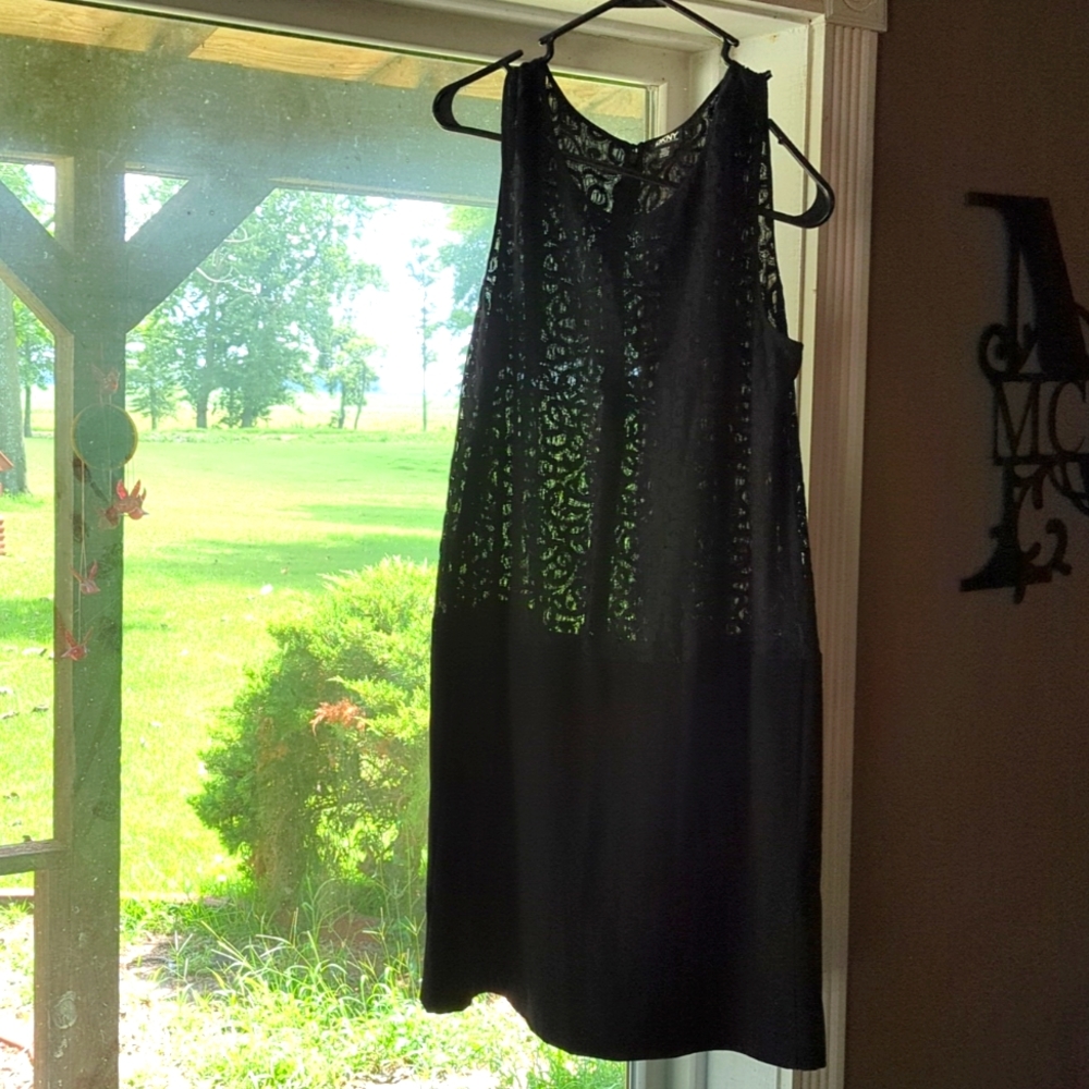 DKNY Black Sleeveless Midi Dress with Lace Bodice